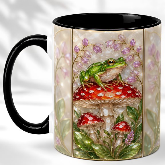 Frog Mushroom Coffee Mug, Garden Frog Mug, Ceramic 11 oz