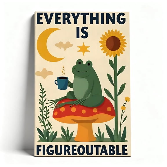 Frog On Mushroom "Everything Is Figureoutable" Canvas Wall Art, Whimsical Cottagecore Decor, Positive Motivational Artwork For Bedroom, Kitchen, Office, Ready To Hang 24*36inch(60*90cm)