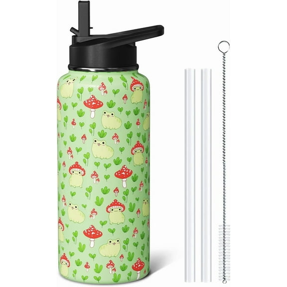 Frog Mushroom Gifts 32oz Water Bottles for Women Men, Cute Green Stainless Steel Leak Proof Sport & Gym Water Bottle with Flip Straw & Spout Lid (1 PC)