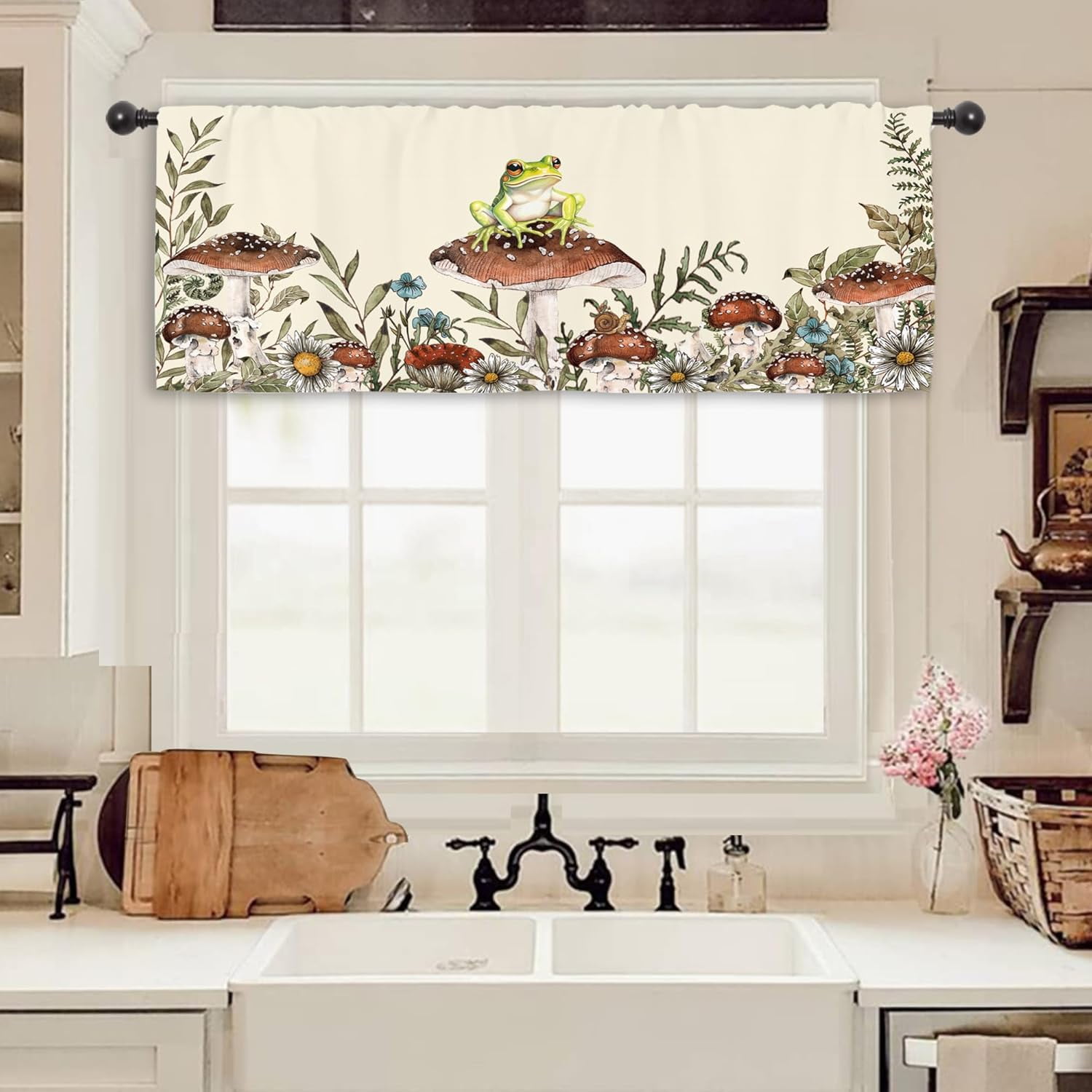 Frog Mushroom Kitchen Curtain Valance 54W x 18H Rod Pocket Cottagecore ...