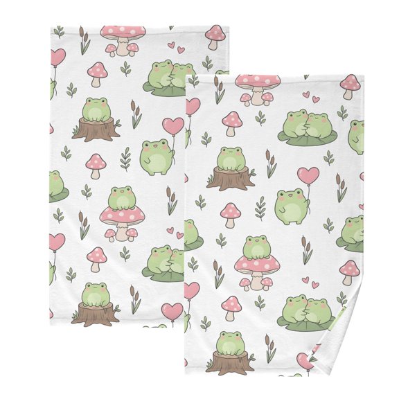 Frog Mushroom Pattern Cotton Towel Set Face Hand Towels 2 Pack Soft Absorbent 16x28in