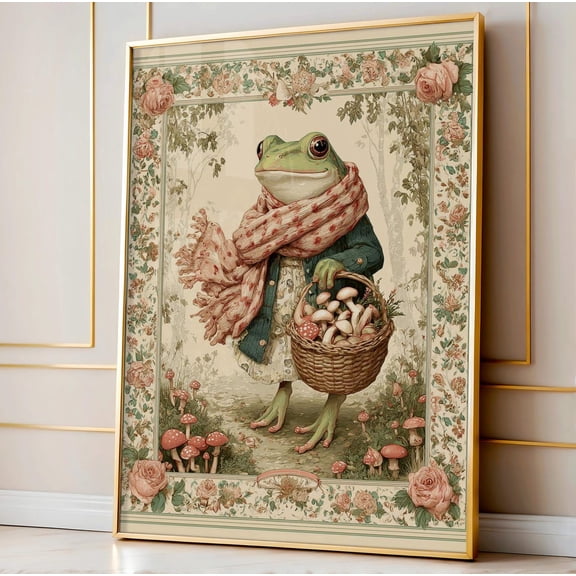 Frog Mushroom Picking Folk Art Cottagecore Wall Cozy Forest Printable, Unframed Canvas 16x20in