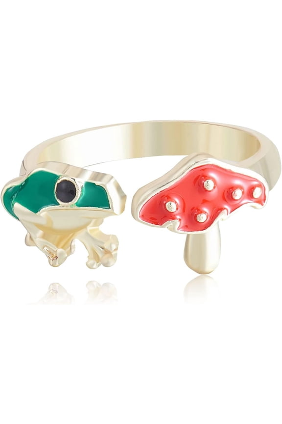 Frog Mushroom Ring Gold Plated Alloy Open Ring Cute Lovely Animal Plant Ring Vintage Green Frog Red Mushroom Rings Adjustable Cartoon Ring Jewelry Gift