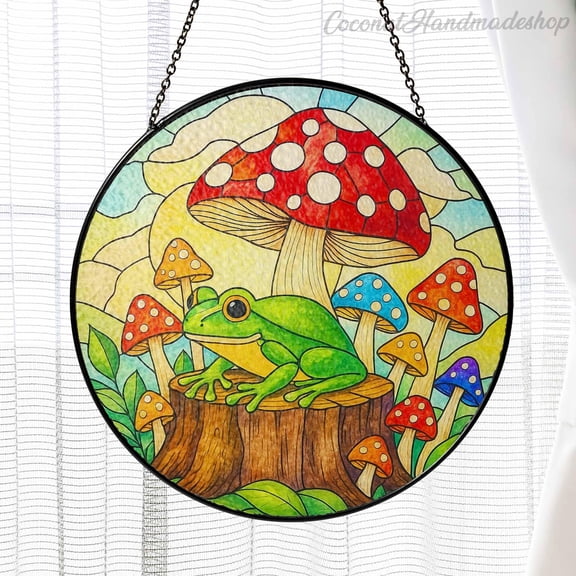 Frog Mushroom Stained Glass Window Panel - Whimsical Cottagecore Art, Nature Inspired Decor, Gifts for Her, Window Hanging