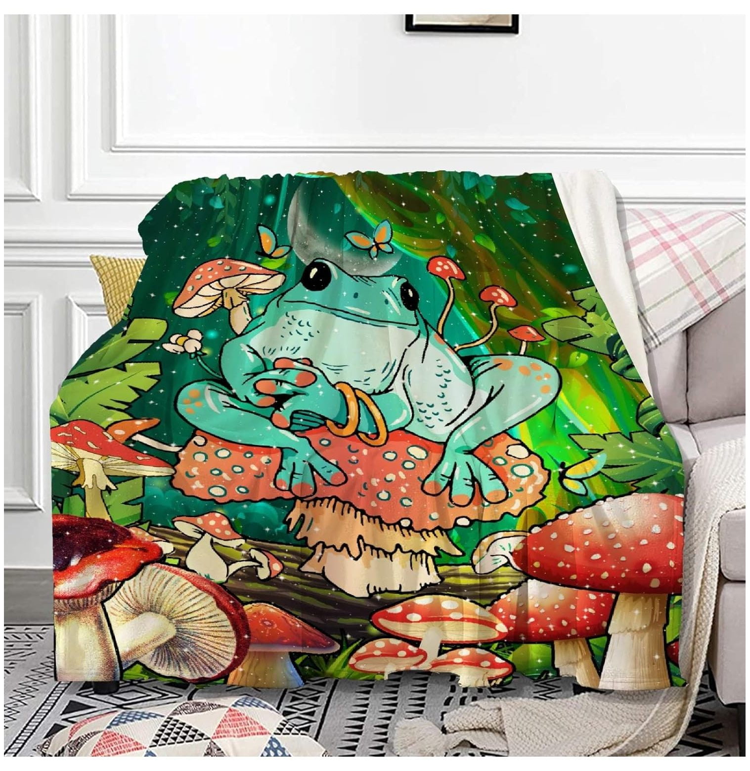 Frog& Mushroom Throw Blankets for Couch Bedroom Camping Fleece Soft ...