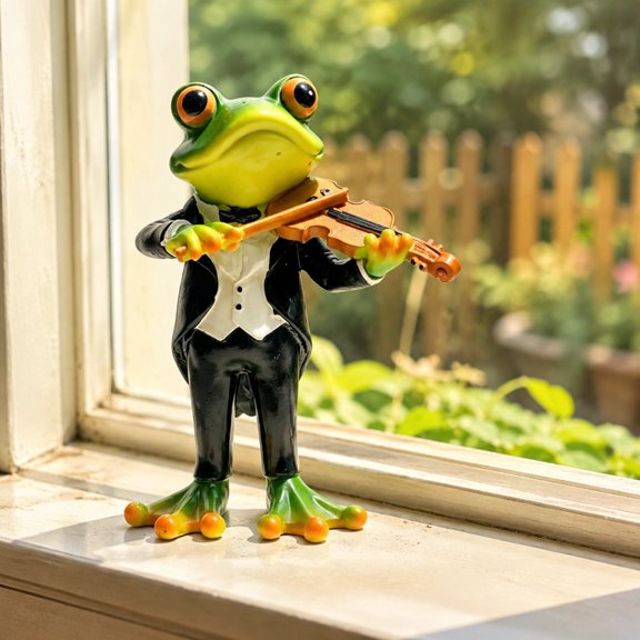 Frog Musical Instrument Figurine Statue, Resin Desktop Decorative Ornament, Multicolor Home Accent for Shelf