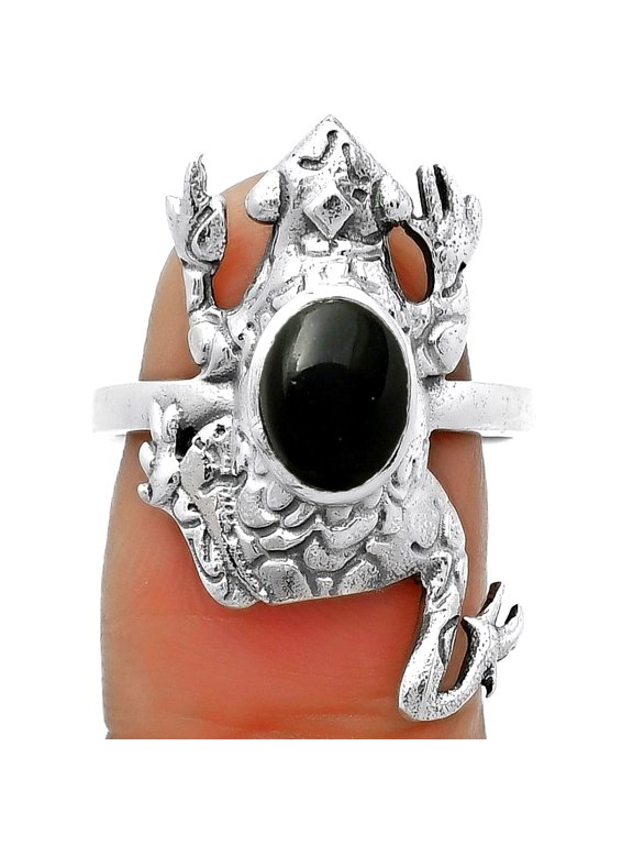 Frog - Natural Black Onyx - Brazil 925 Sterling Silver Ring s.8 Jewelry R-1113 SDR172820