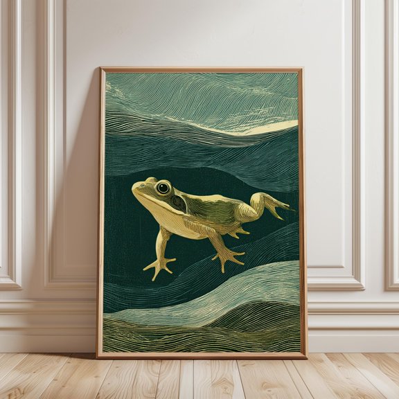 Frog Nature Illustration Poster, Woodblock Animal River Scene Wall Art, Vintage Wildlife Line Print, Poster Only