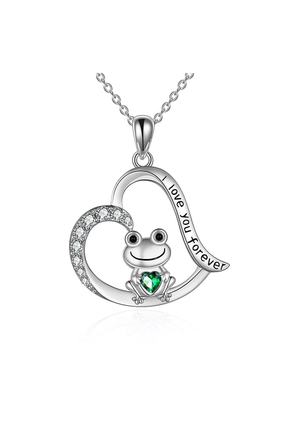 Frog Necklace for Women Sterling Silver Cute Frog Hold Green Heart Cubic Zirconia Pendant Necklace Jewelry for Mom