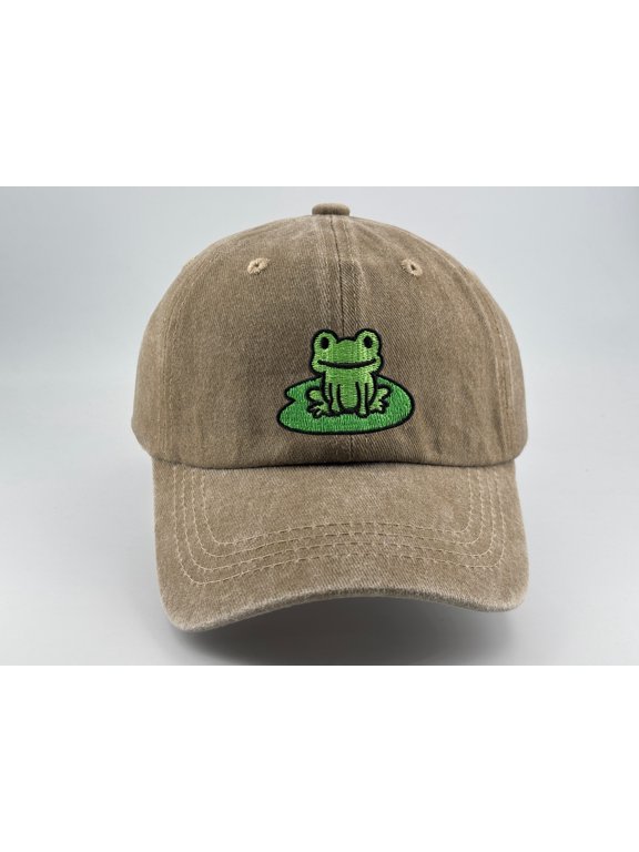 Frog On Lily Pad Embroidery Kids Washed Baseball Cap, Adjustable Curved Brim Sun Hat for Boys Girls