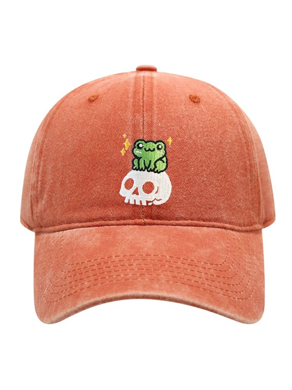 Frog On Skull Embroidered Adult Washed Cotton Baseball Cap, Adjustable Unstructured Dad Hat for Novelty Casual Daily Outdoor Wear