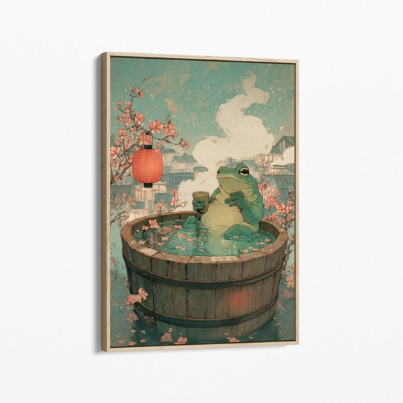 Frog Onsen Night Wall Art, Japanese Mountain Spa Bathroom Decor