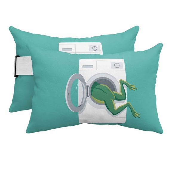 Frog Outdoor Pillows for Chaise Lounge Chair Beach Headrest Pillow Set of 2 Waterproof Lumbar Pillows with Insert&Adjustable Elastic Strap Teal Laundry Room Washing Machine Pool Pillow 12"x20"