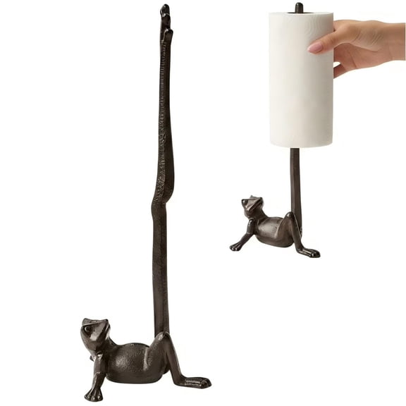TAVENE Frog Paper Towel Holder 16.5'' Cast Iron Paper Towel Holder Funny Toilet Paper Holder for The Floor or Counter in The Kitchen or Bathroom Bronze Rustic,Frog
