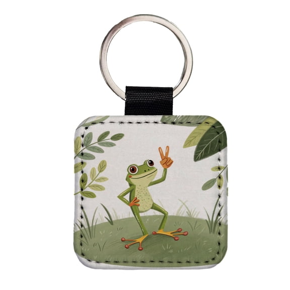 Frog Peace Sign Drawing Funny Faux Leather Square Keychain