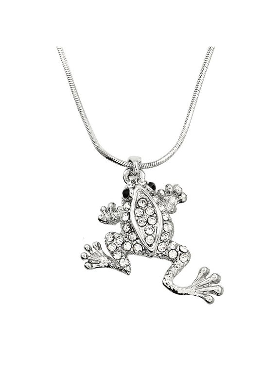 Frog Pendant Necklace Rhinestone Crystal Rhodium High Polished J0050-CR