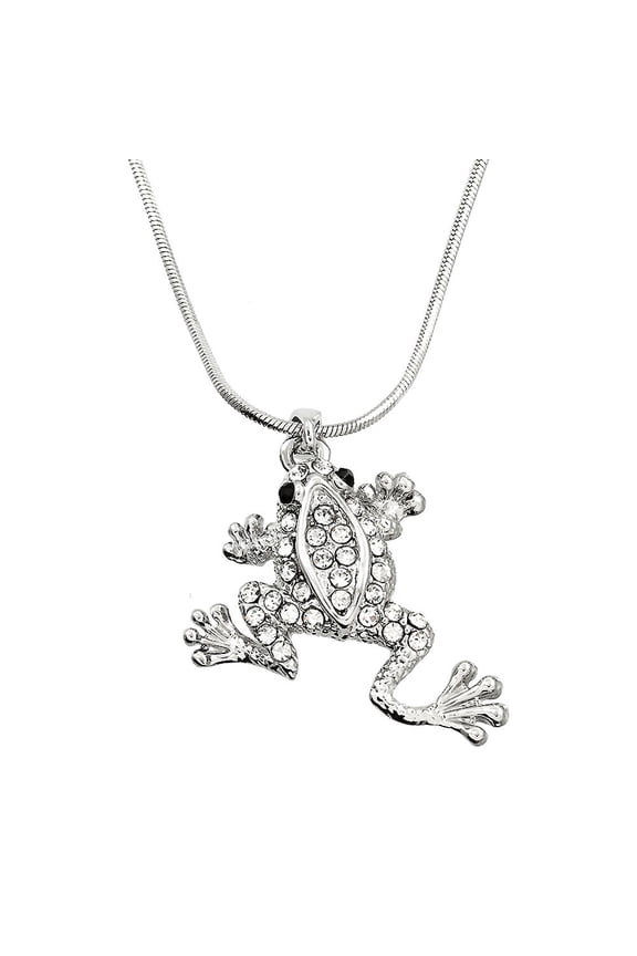 Frog Pendant Necklace Rhinestone Crystal Rhodium High Polished J0050-CR