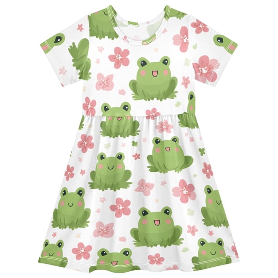 Frog Pink Flower Pattern Girls Short Sleeve Dress A Line Sun Protection Breathable Comfort Sundress 7-8T