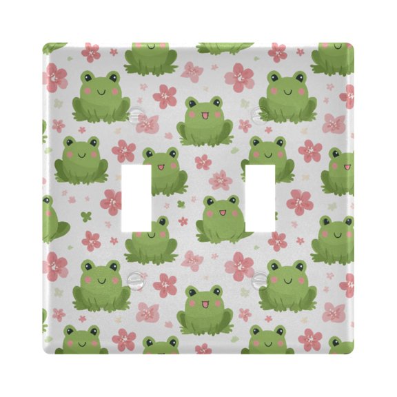 Frog Pink Flower Pattern Toggle Switch Wall Plate 2-Gang Unbreakable Durable PC Flush Fit Round Edge 4.48x4.56in