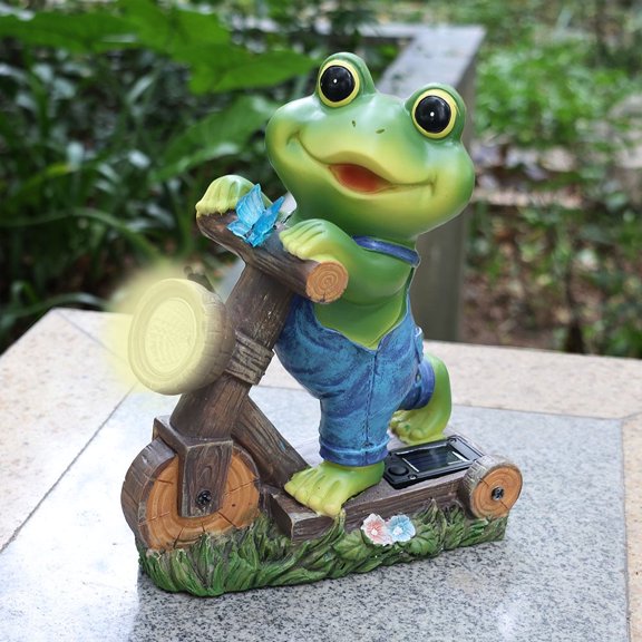 Frog Play Scooter Statues Resin With LED Solar Light, Resin Garden Decor for Patio, Balcony, Yard, Lawn, Unique Gifts
