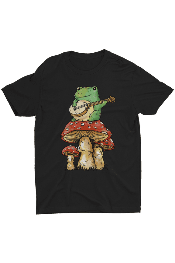 Frog Playing Banjo Red Mushroom Psychedelic T-Shirt Funny Music Animal Love Tee