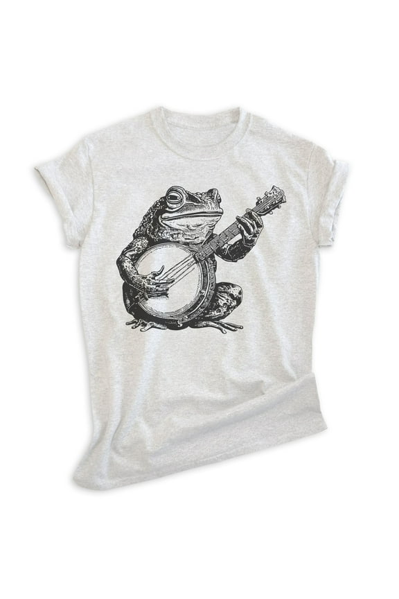 Frog Playing Banjo T-shirt, Unisex Women's Men's Shirt, Country Frog Banjo Guitar Music Bluegrass, Heather Ash, X-Small