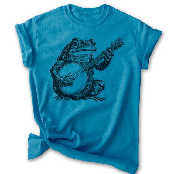 Frog Playing Banjo T-shirt, Unisex Women's Men's Shirt, Country Frog Banjo Guitar Music Bluegrass, Heather Blue, X-Large
