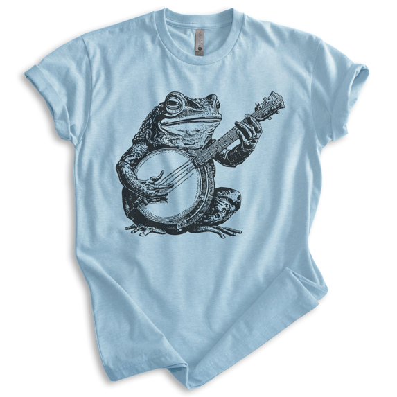 Frog Playing Banjo T-shirt, Unisex Women's Men's Shirt, Country Frog Banjo Guitar Music Bluegrass, Heather Light Blue, X-Large