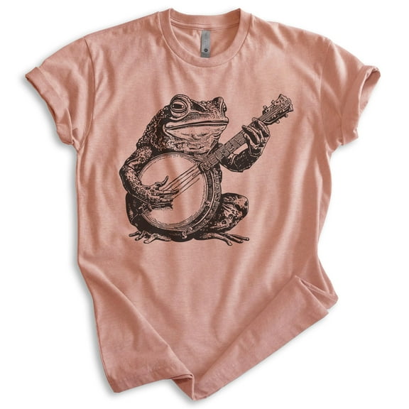 Frog Playing Banjo T-shirt, Unisex Women's Men's Shirt, Country Frog Banjo Guitar Music Bluegrass, Heather Sunset, Large