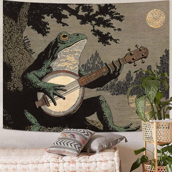 Frog Playing Banjo Wall Tapestry Vintage Woodland Night Scene Rustic Whimsical Decor 80" x 60"