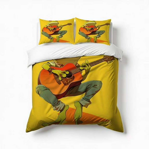 Frog Playing Guitar Musical Frog Bedding Set 3 Pcs Soft Microfiber Quilt Cover For Bedroom Decor, Comforter Cover With 2 Pillowcase