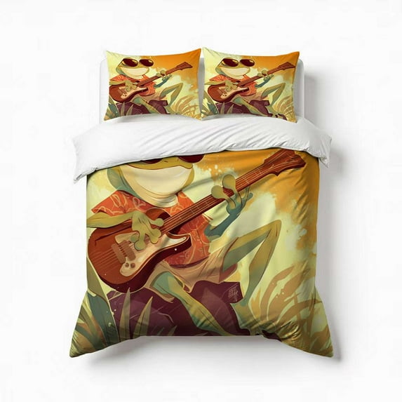 Frog Playing Guitar Musical Frog Bedding Set 3 Pcs Soft Microfiber Quilt Cover For Bedroom Decor, Comforter Cover With 2 Pillowcase