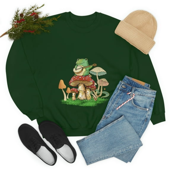 Frog Playing Instrument On Mushroom Sweatshirt (Cottagecore/Mushroom)