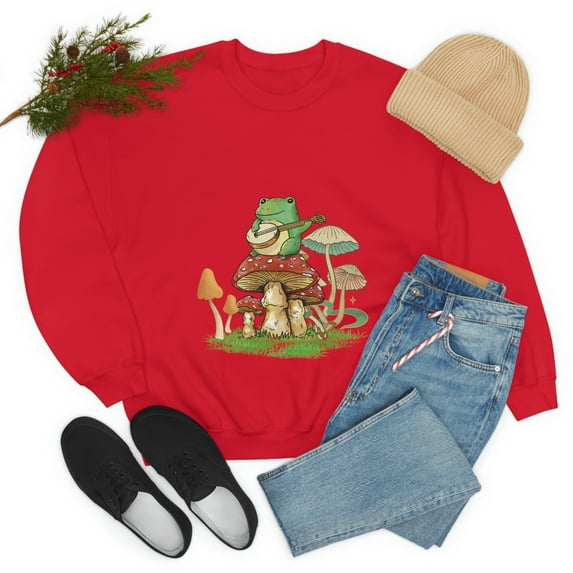 Frog Playing Instrument On Mushroom Sweatshirt (Cottagecore/Mushroom)