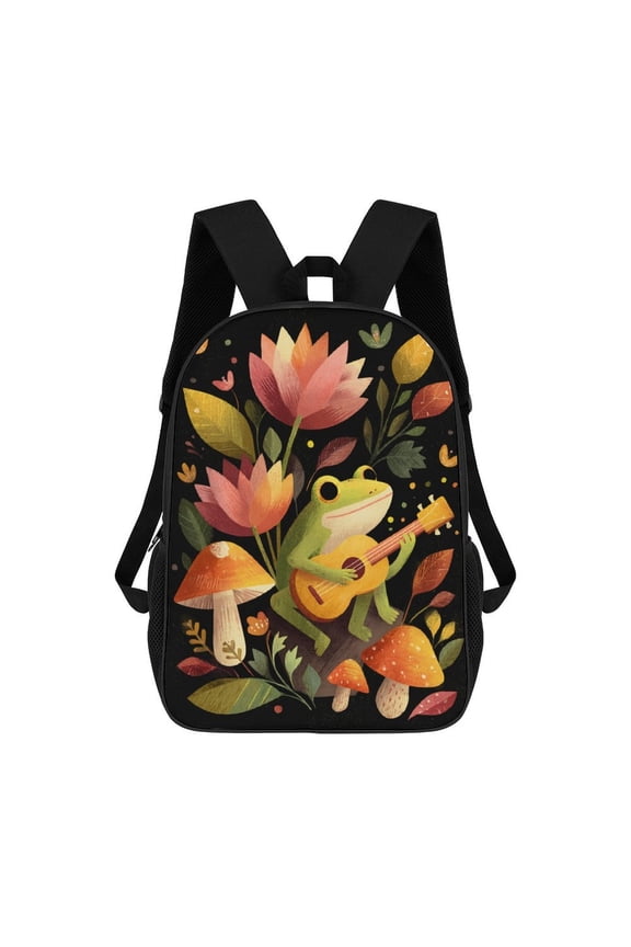 Frog Plays Ukulele Autumn Flowers Backpack, Travel Backpack, Casual Shoulder Bag, Casual Backpack