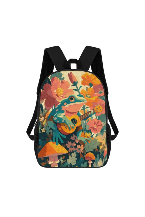Frog Plays Ukulele Floral Garden Travel Backpack 17 Inch Laptop Bag Student Backpack