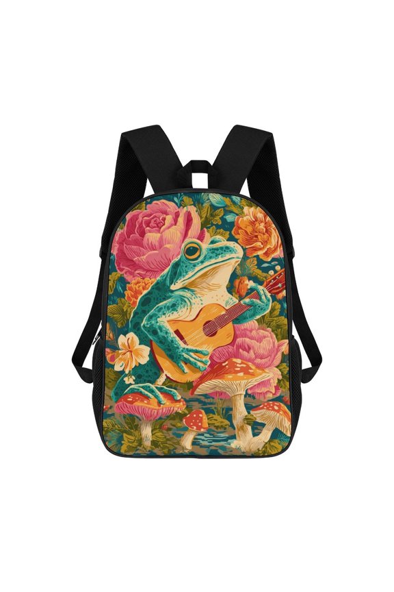 Frog Plays Ukulele Floral Scene Travel Backpack 17 Inch Laptop Bag Student Backpack