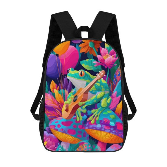 Frog Plays Ukulele Vibrant Flowers Backpack Backpack Student Backpack Cartoon Canvas Backpack