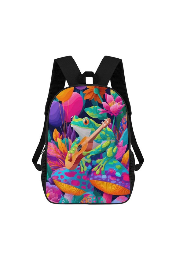 Frog Plays Ukulele Vibrant Flowers Backpack Backpack Student Backpack Cartoon Canvas Backpack