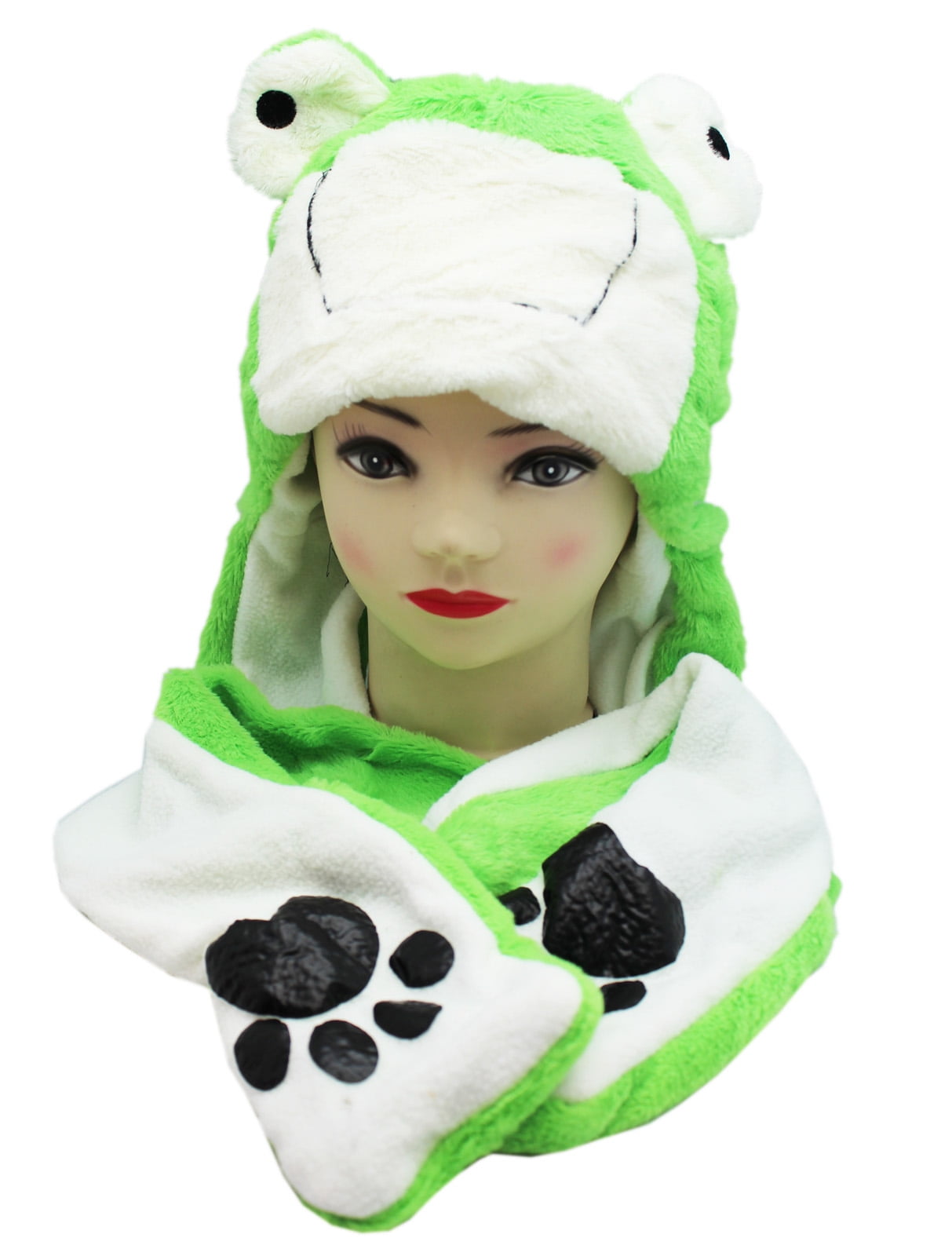 Frog Plush Hat -Green and White Furry Animal Plush Hat and Attached ...