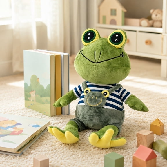 Frog Plush, Soft Green Stuffed Ornament with Striped Shirt and Overalls, Lovely Accent for Household Decor and Presents, Comfortable Stuffed Pillow