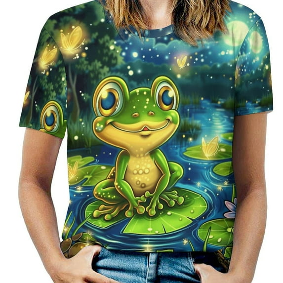 Frog Pond Night Glow Womens Tops Women's Fashion Casual Short Sleeve Flower Print Round Neck Pullover Top Blouse