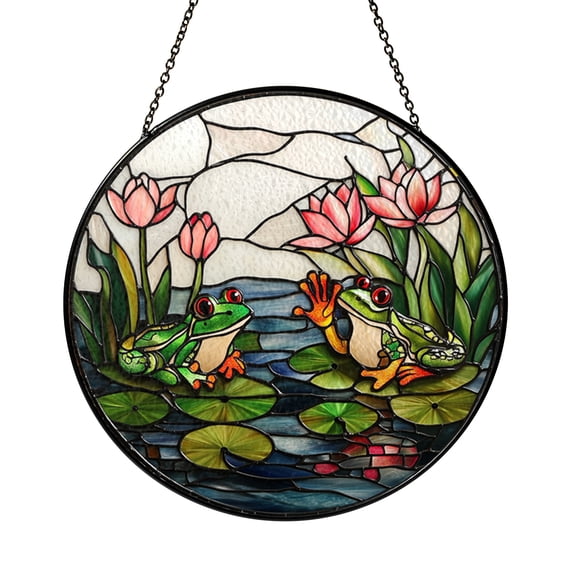 Frog Pond with Water Flowers Stained Glass Suncatcher – Window Decor