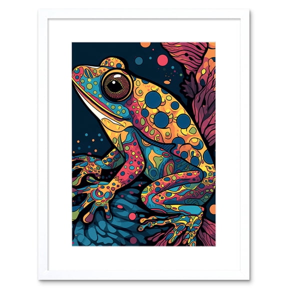 Frog Portrait Acrylic Painting Colourful Psychedelic Patterns Aquatic Animal Modern Pop Art Artwork Framed Wall Art Print 9X7 Inch