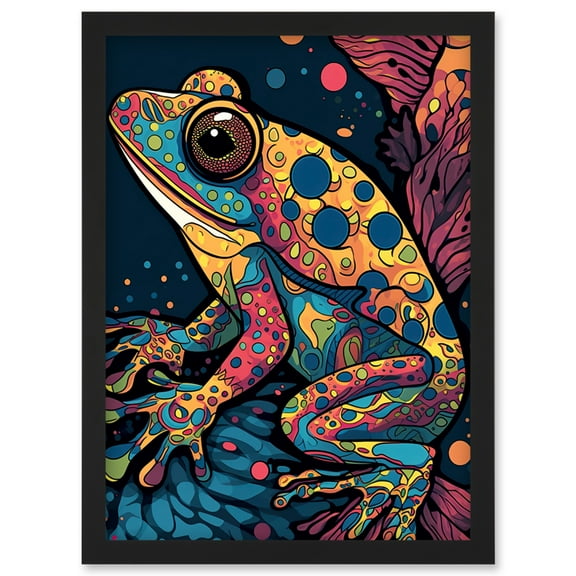 Frog Portrait Acrylic Painting Colourful Psychedelic Patterns Aquatic Animal Modern Pop Art Artwork Framed Wall Art Print A4