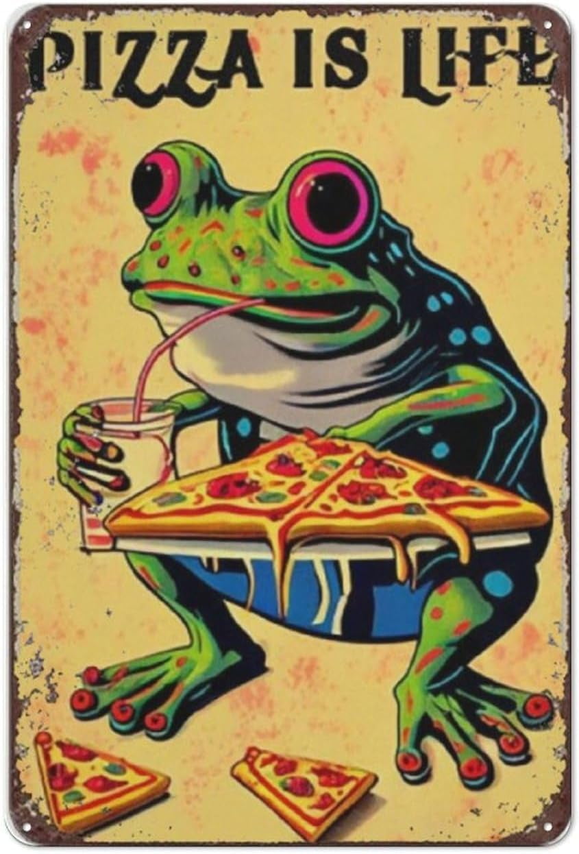 Frog Poster Wall Art, Frog Eating Pizza Art Tin Sign Print, Pizza Tin Sign, Food Print, Italian Food,Kitchen Decor,Home Bar Kitchen Coffee Man Cave Garage Wall Decor Art Tin Sign 12x8 Inch