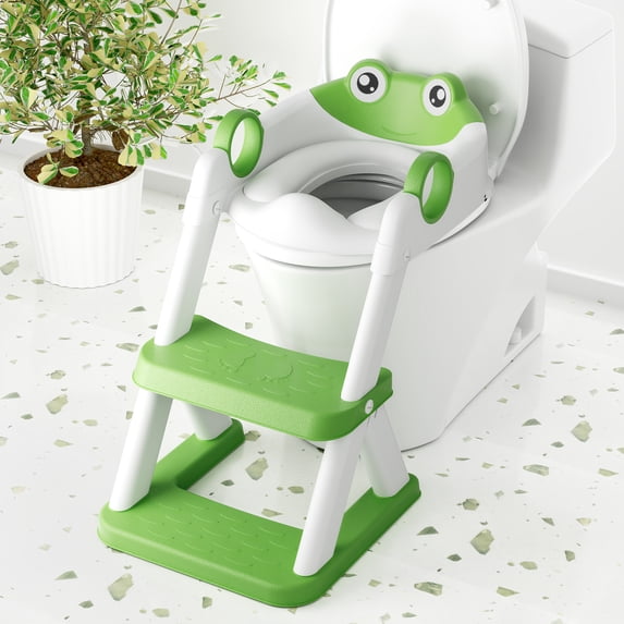 COOSEYA 2 in 1 Potty Training Toilet with Step Stool for Toddlers,Baby Seat with Splash Guard and Anti-Slip Pad (Frog/Green)