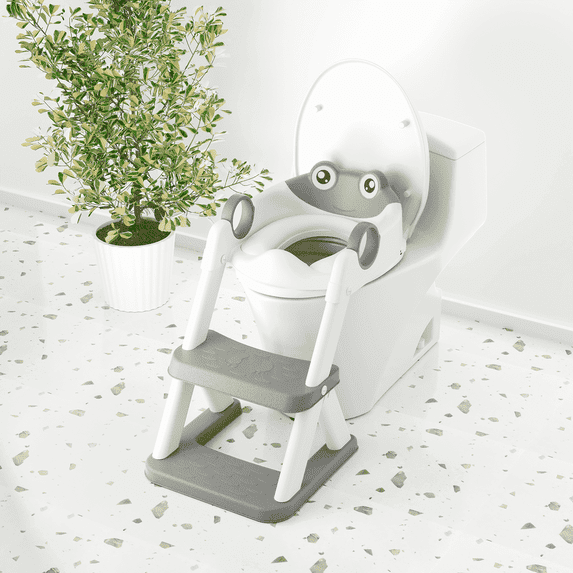 COOSEYA Potty Training Seat , Potty Training Toilet for Kids , Toddler Toilet Seat with Ladder, Children 12+ Months(Frog/Grey)