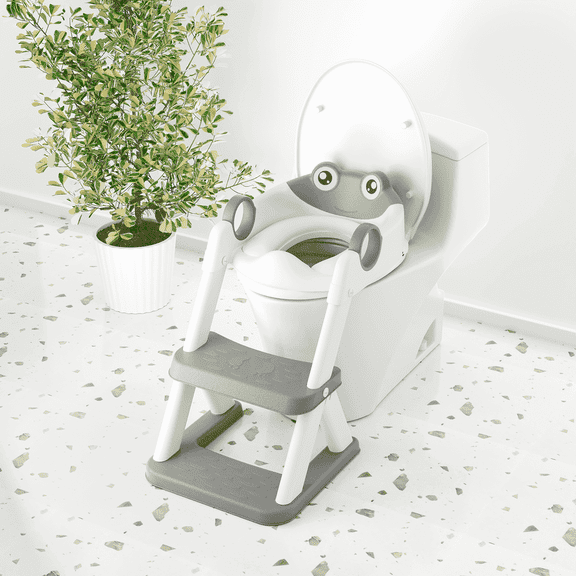 COOSEYA Potty Training Seat , Potty Training Toilet for Kids , Toddler Toilet Seat with Ladder, Children 12+ Months(Frog/Grey)