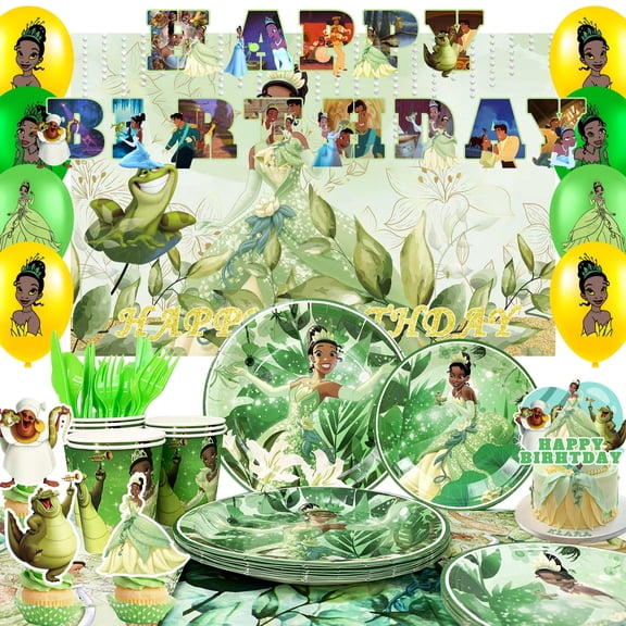 98Pcs The Princess and the Frog Party Decorations & Tableware Set - Birthday Banners Balloons Plates Tablecloth Etc. The Princess and the Frog Themed Birthday Party Supplies for Girls/Kids